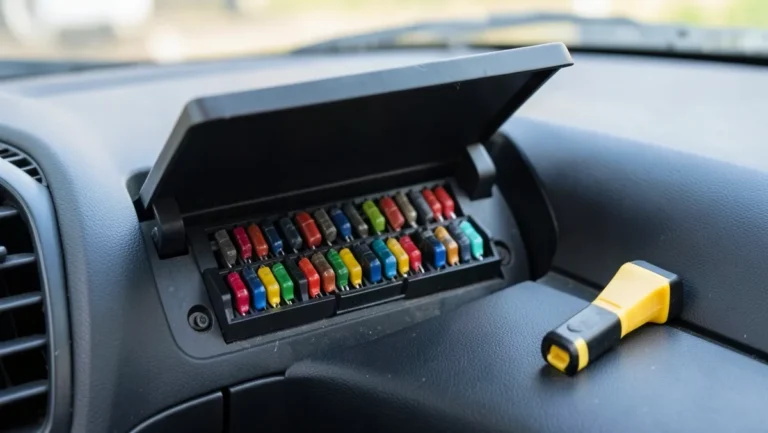 Car interior fuse box open showing colorful blade fuses next to a yellow fuse puller tool on the dashboard