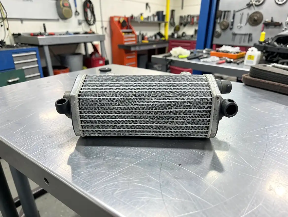 A car heater core removed from the dashboard housing, showing its metal cooling fins and two hose connections