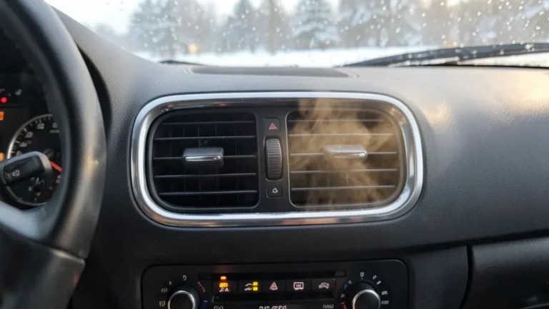 Warm air blowing from a car dashboard heater vent on a cold morning