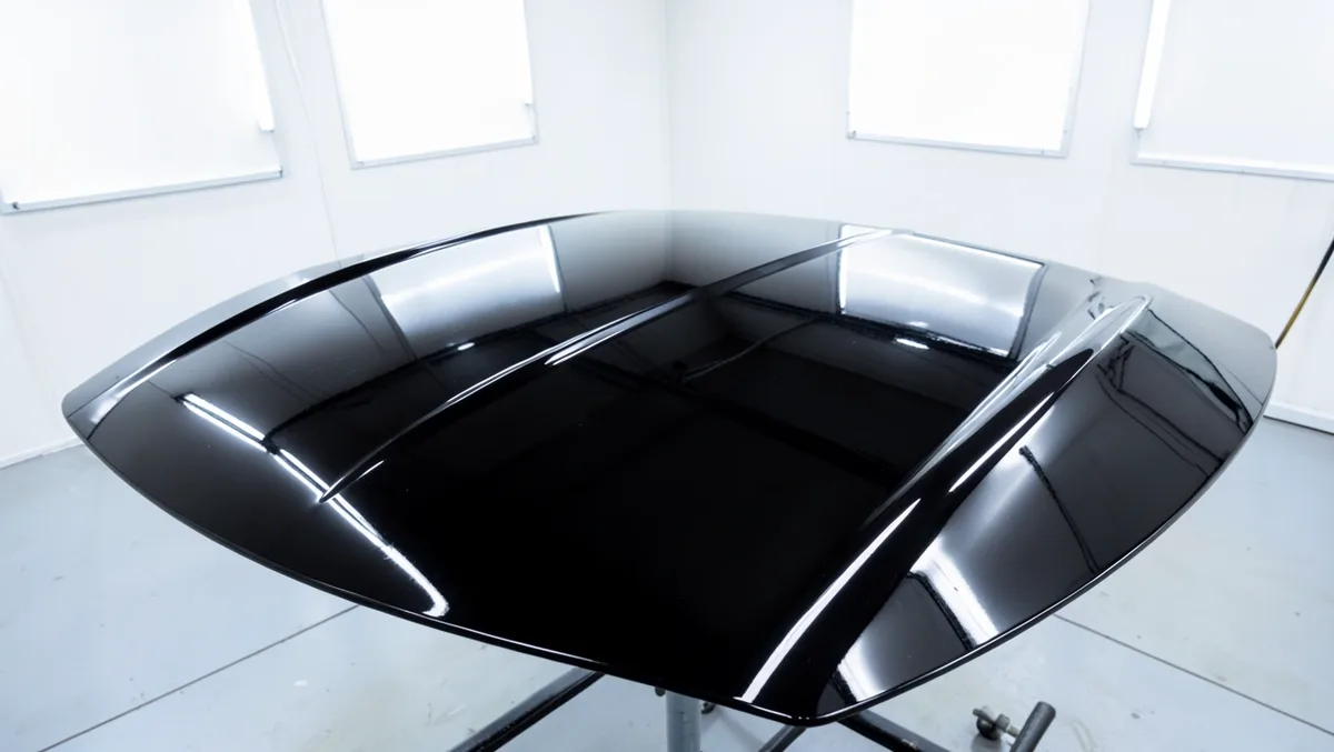 Freshly painted glossy black car hood on a paint stand in an auto body paint booth