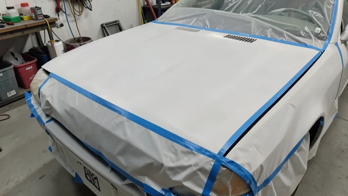 Car hood and fenders covered in blue painter tape and plastic masking film before a paint job