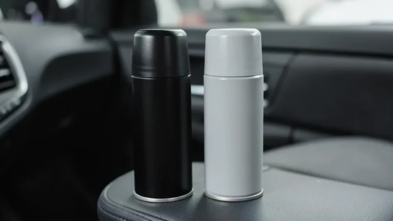 Black and light gray interior spray paint cans on a car dashboard
