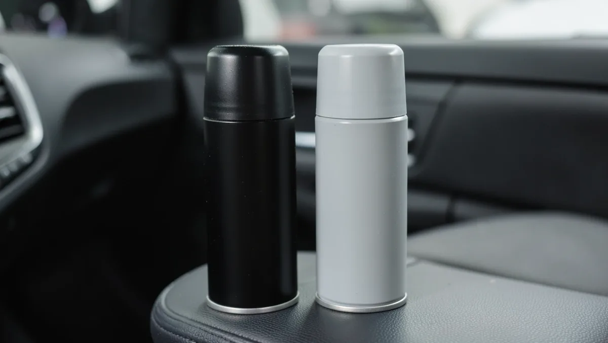 Black and light gray interior spray paint cans on a car dashboard