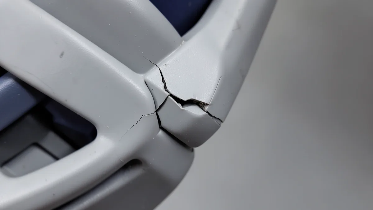 Close-up of a stress fracture crack in a child car seat plastic frame from a collision