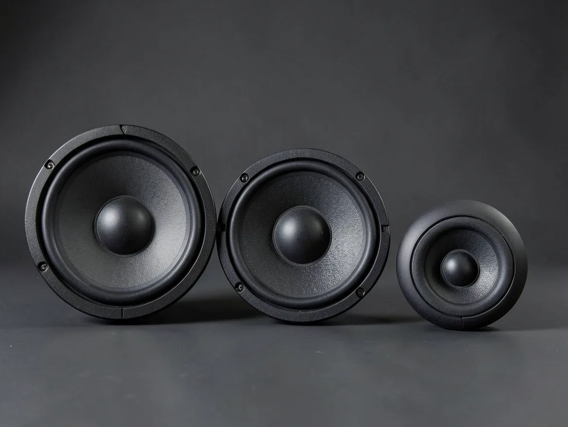 Three car speaker drivers of different sizes: a woofer, a mid-range driver, and a tweeter