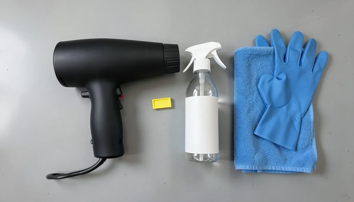 Heat gun, plastic scraper, spray bottle, microfiber towel, and rubber gloves laid out for removing car tint adhesive