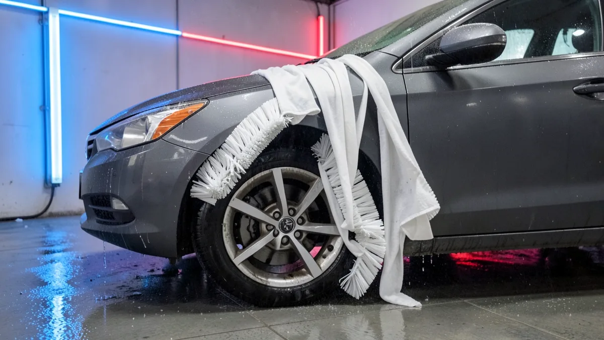 Cloth wash strips and a rotating brush touching a car wheel and front fender inside an automatic car wash tunnel