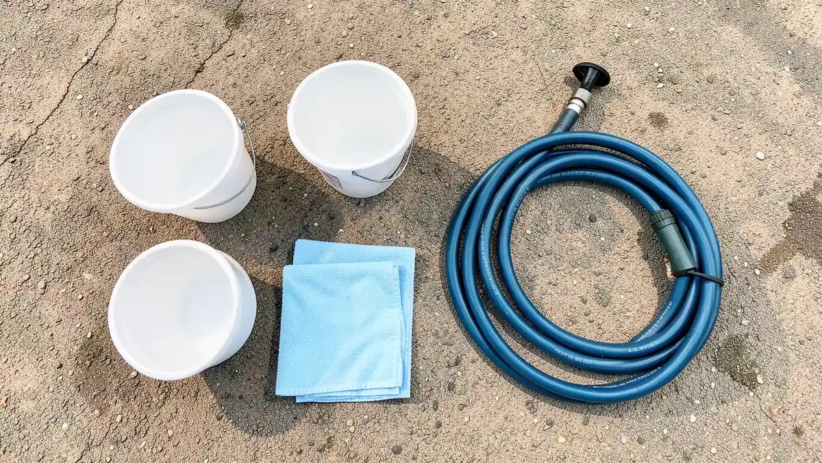 Buckets, sponges, towels, and a hose laid out as supplies for a car wash fundraiser