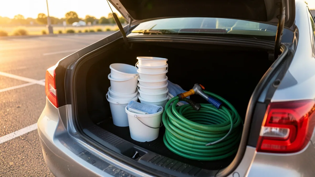 Buckets, towels, and a hose packed into a car trunk at the end of a car wash fundraiser