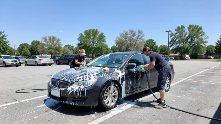 Volunteers washing a car together during a community car wash fundraiser in a parking lot