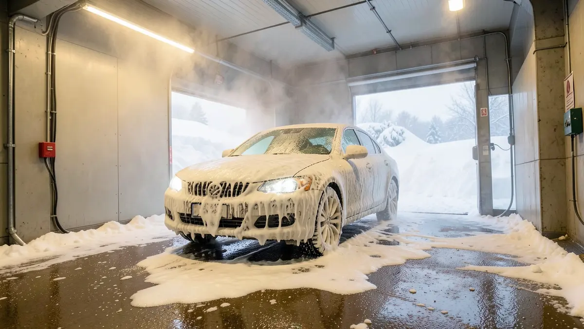 Car covered in foam inside a heated indoor car wash tunnel with snow visible outside in winter