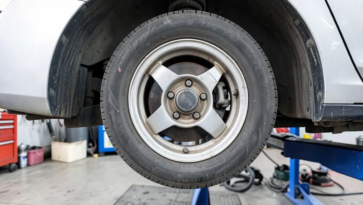 Car wheel raised on an alignment lift during a wheel alignment check for vibration diagnosis