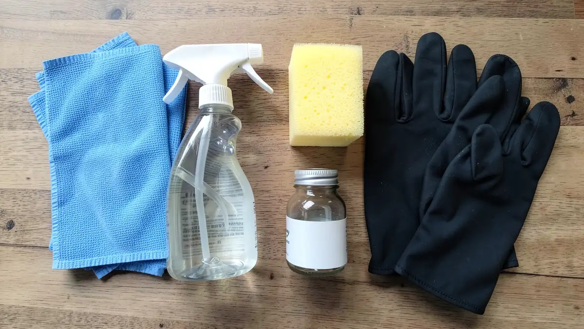 Microfiber cloths, spray bottle, rubbing alcohol, sponge, and gloves for removing writing from a car window