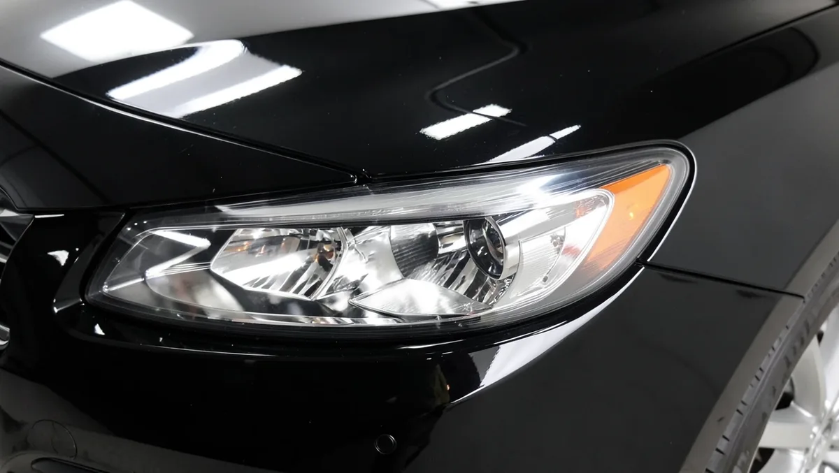 Close-up of a glossy black car fender showing the deep mirror-like reflection ceramic coating adds to paint