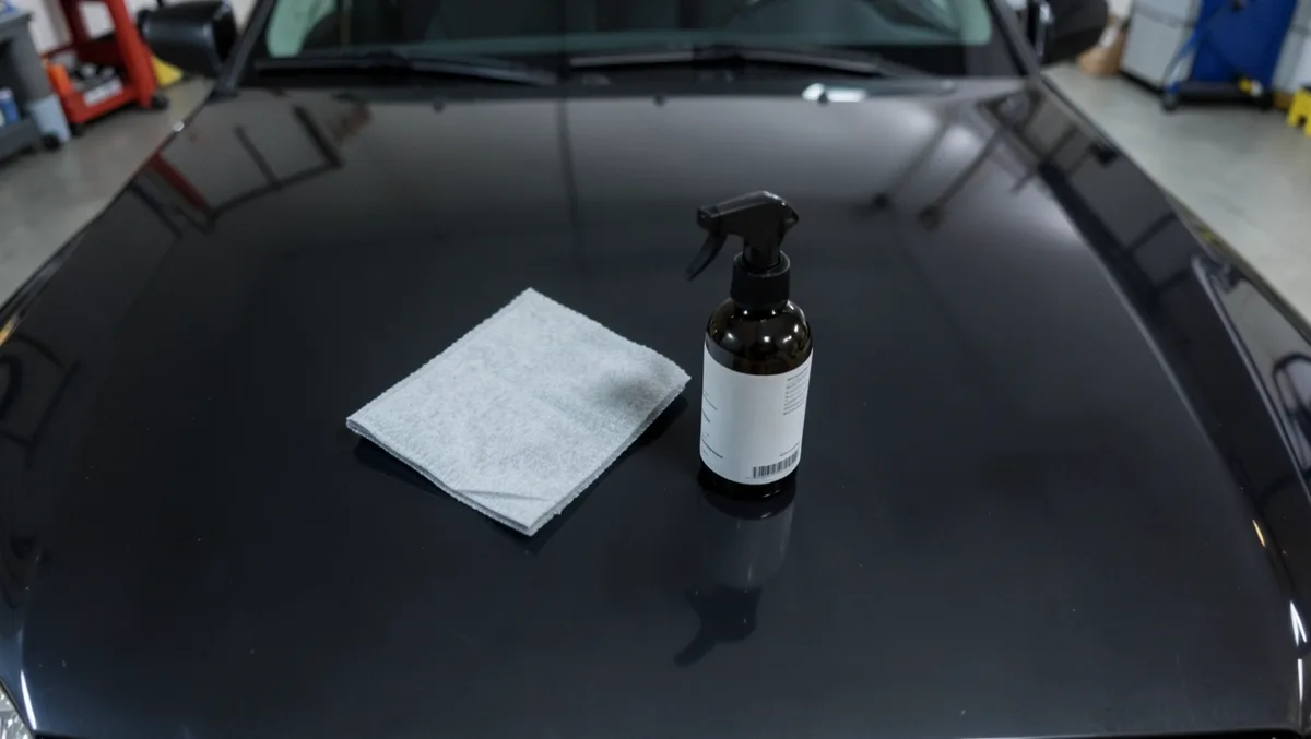 Microfiber towel and spray bottle resting on a ceramic-coated car hood, representing the light maintenance a coated car still needs