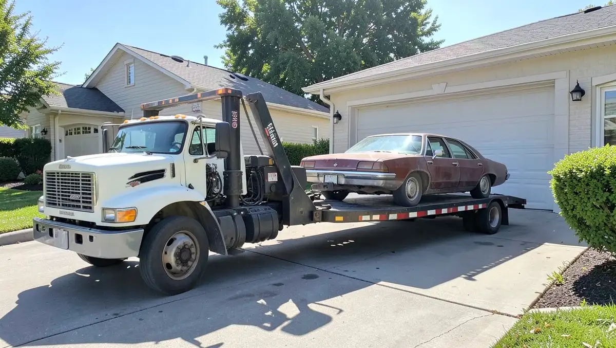 A flatbed tow truck picking up an older sedan for a free charity donation pickup