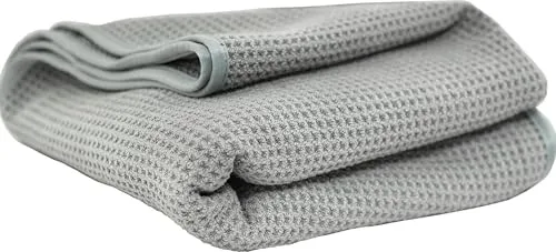 Chemical Guys gray waffle weave microfiber drying towel folded on a white background