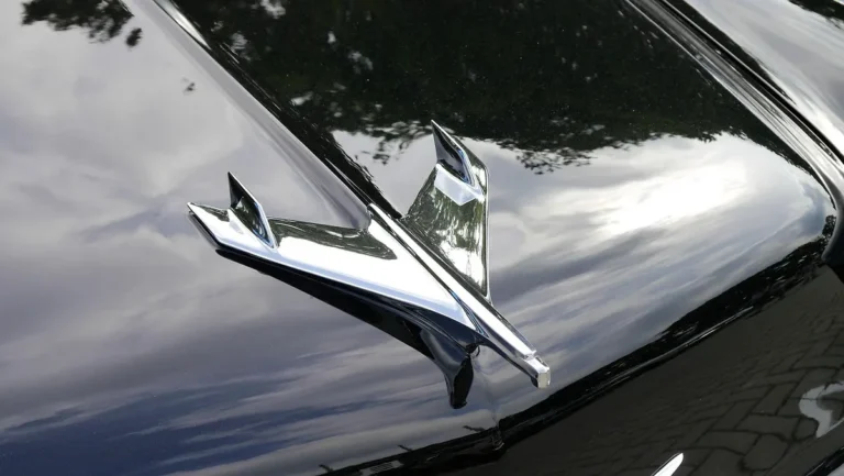 Chrome hood ornament on a glossy black car hood reflecting trees and sky