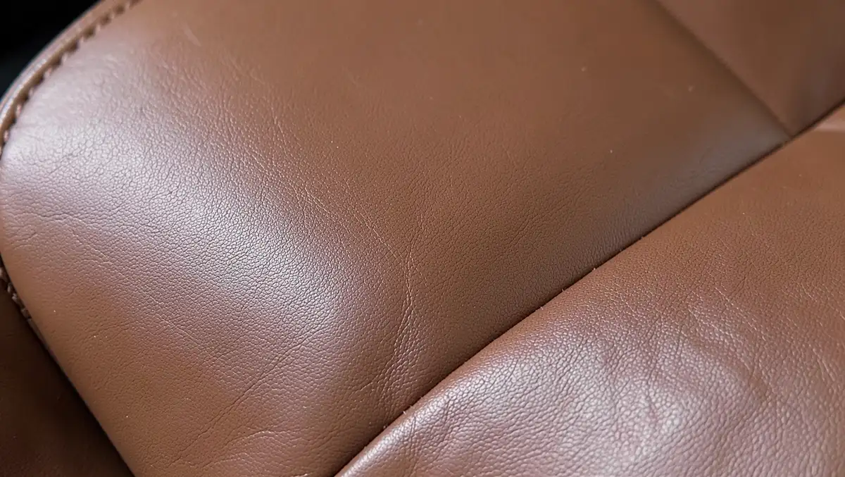 Close-up of supple, well-conditioned brown leather car seat showing natural grain