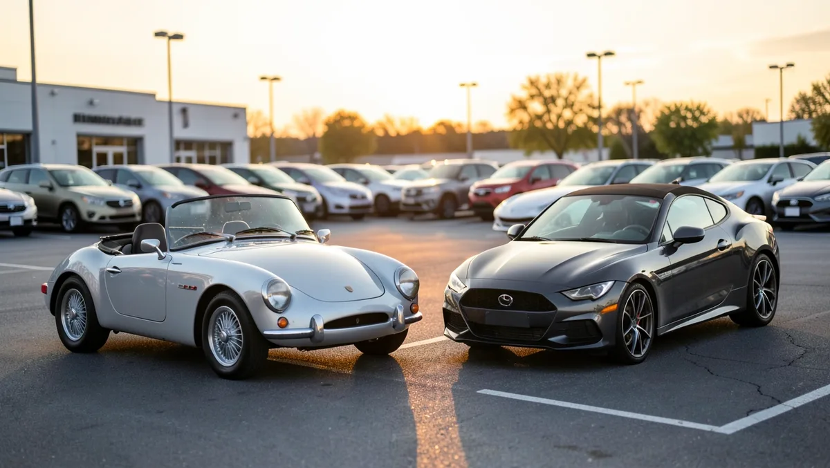 A silver used roadster and a dark gray sport coupe parked at a used car dealership lot at sunset, both available for around $20000