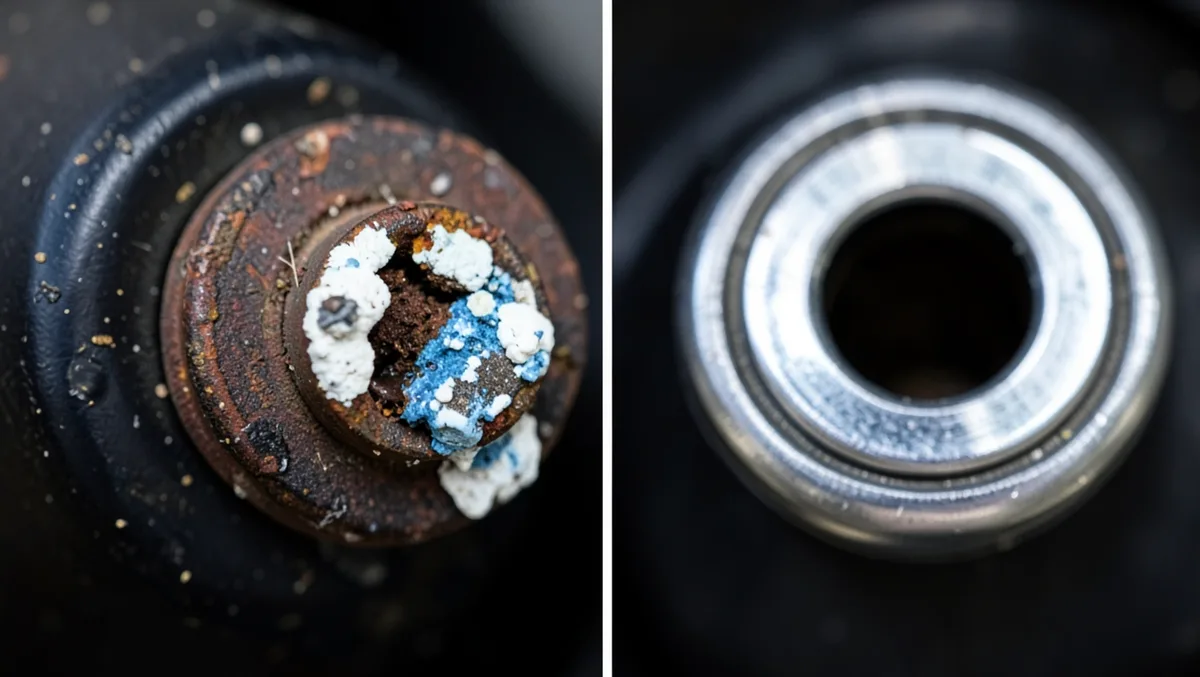 Close-up comparison of a corroded car battery terminal next to a clean terminal