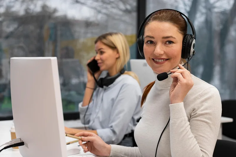 Customer service representative wearing a headset at a call center desk