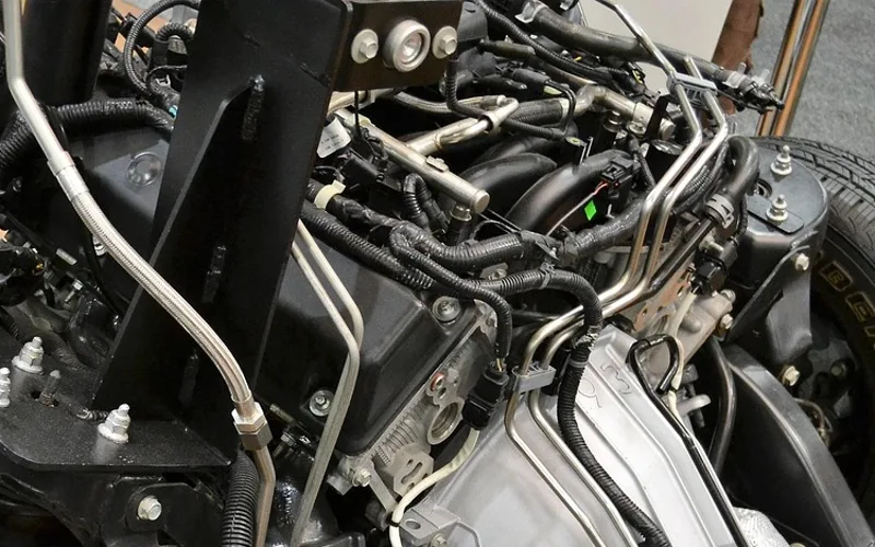 Engine and transmission of a cutaway display vehicle chassis