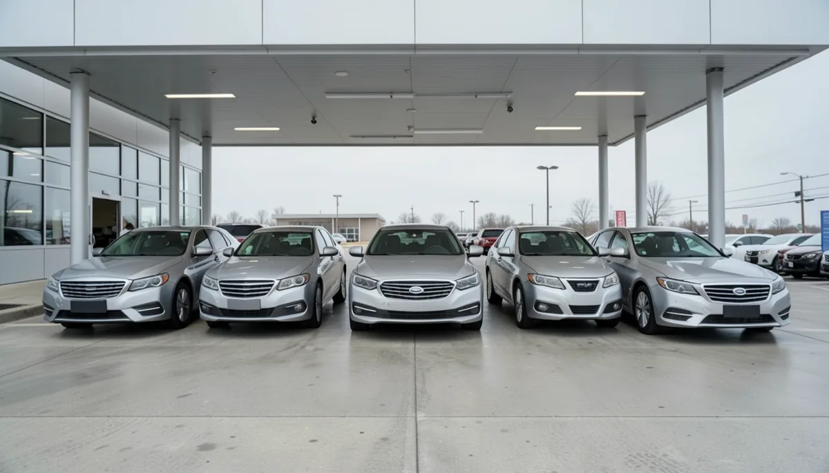 Rows of loaner and courtesy vehicles parked under a covered service department canopy at a car dealership