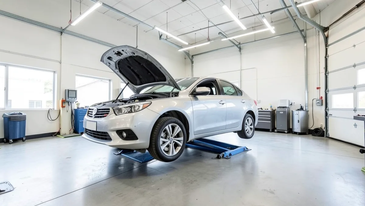 Silver sedan raised on a hydraulic lift in a dealership service bay with the hood open