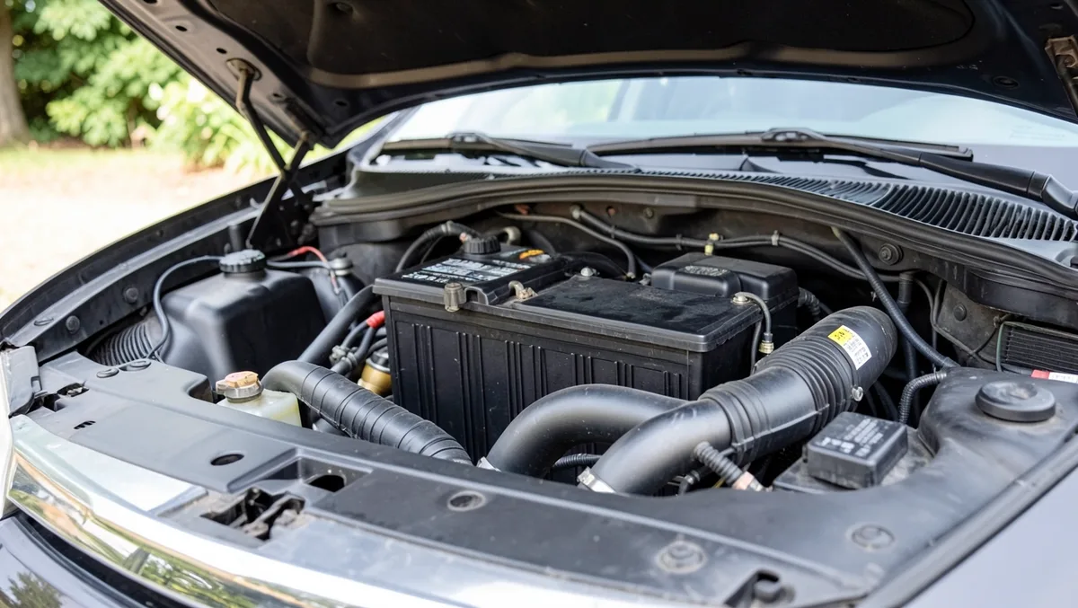 Car battery installed under the open hood of a sedan engine bay