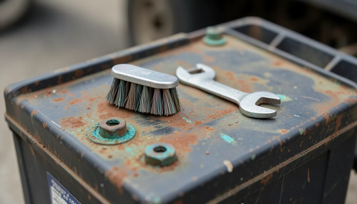 Wire terminal brush and wrench resting on a corroded car battery top