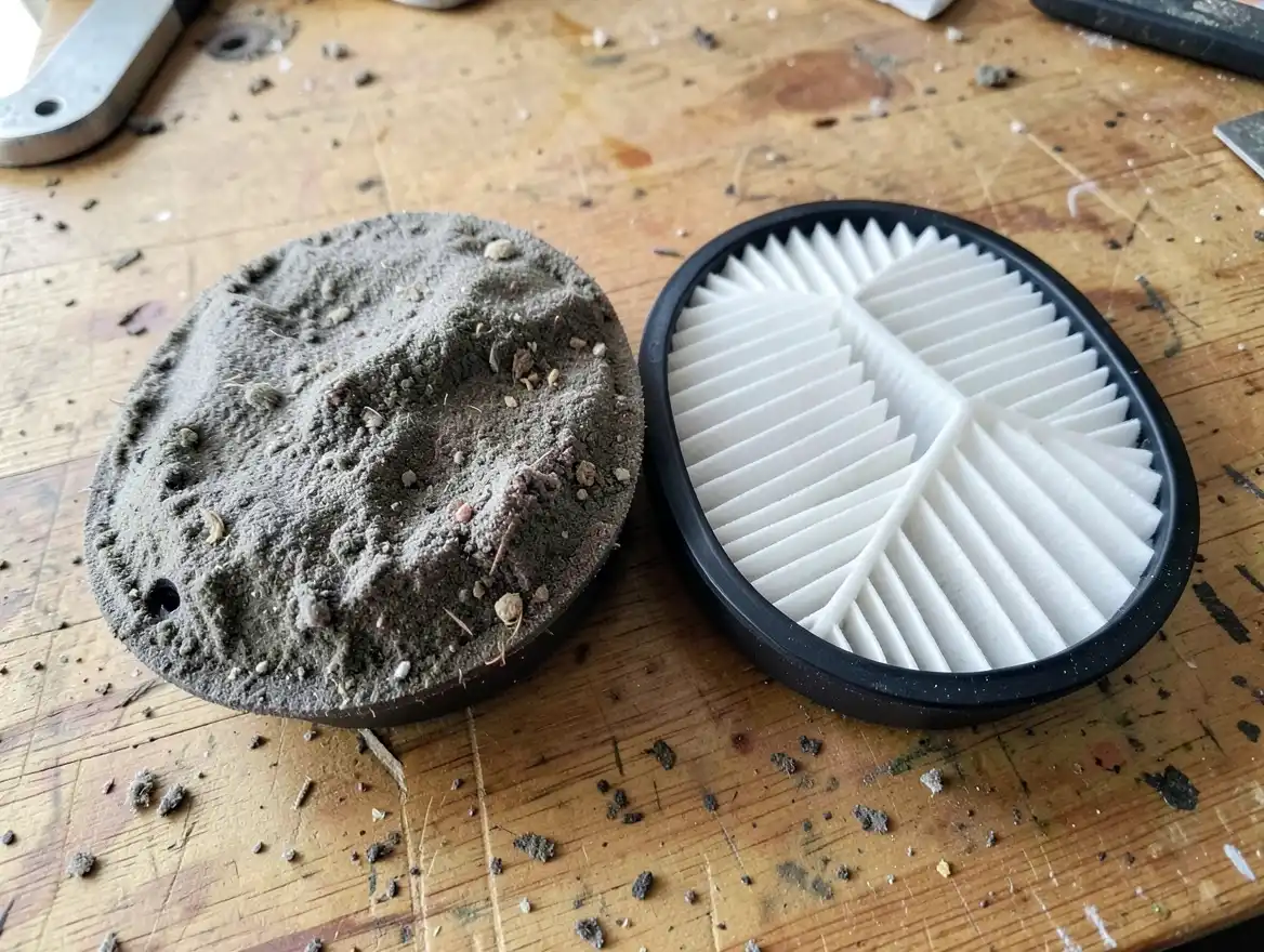 A heavily dust-clogged car cabin air filter next to a clean new replacement filter