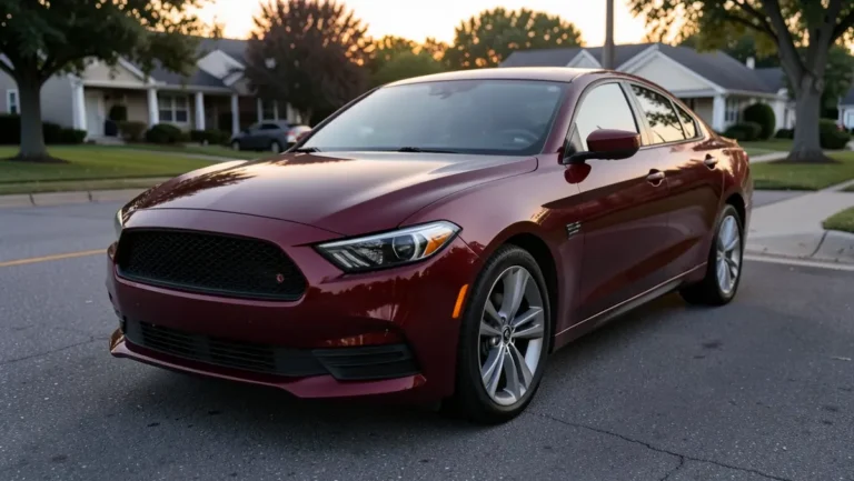 Dark red muscle-styled sedan parked on a residential street, representative of the kind of car a new driver might consider as a first car