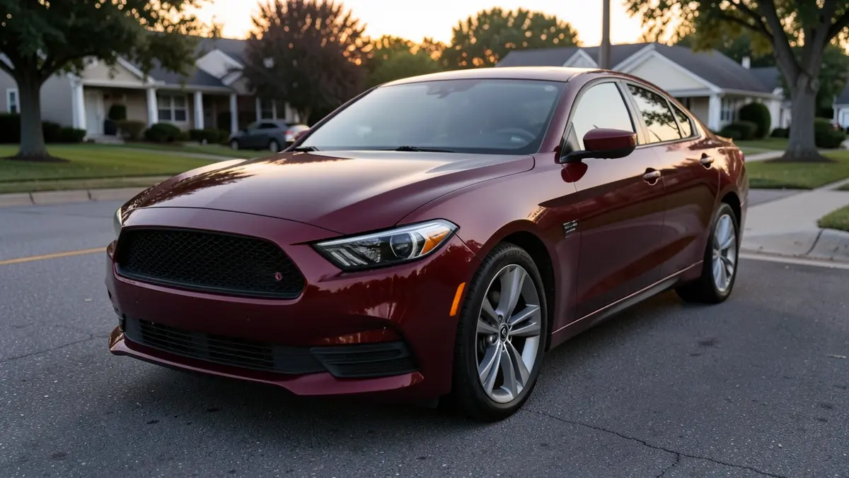 Dark red muscle-styled sedan parked on a residential street, representative of the kind of car a new driver might consider as a first car