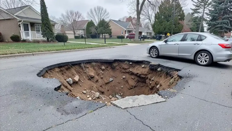 A large sinkhole opened in a residential street next to a parked sedan car
