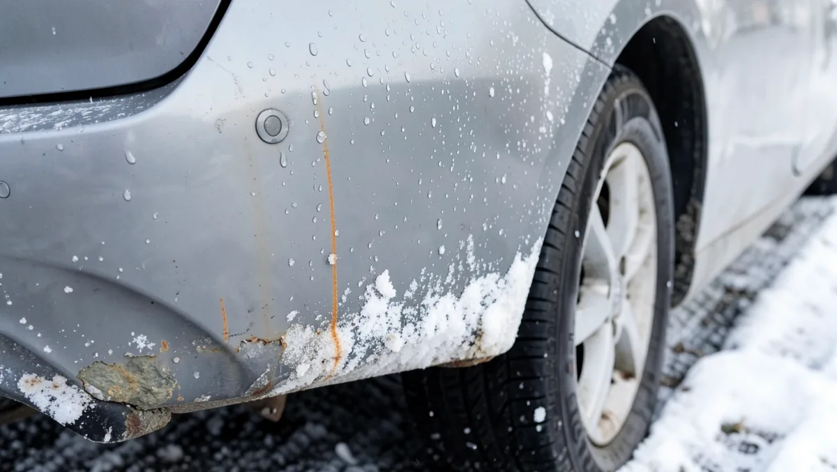 Car rear bumper with dried road salt residue and rust streaks bleeding through the paint in winter