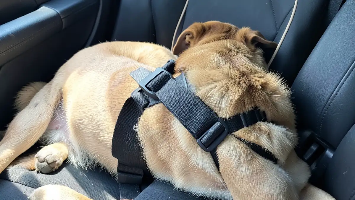 Dog wearing a padded safety harness clipped directly into the car seatbelt buckle