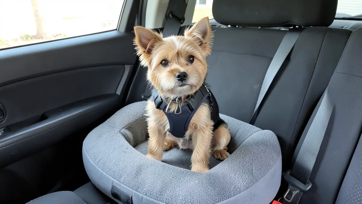 Small dog secured in a booster car seat with a harness clipped to the seatbelt