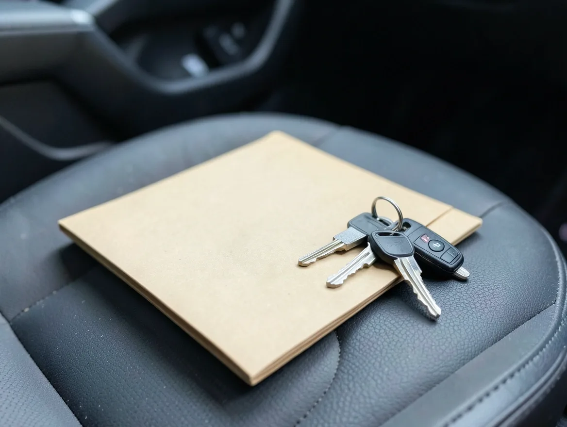 A folder of donation paperwork and car keys resting on the passenger seat