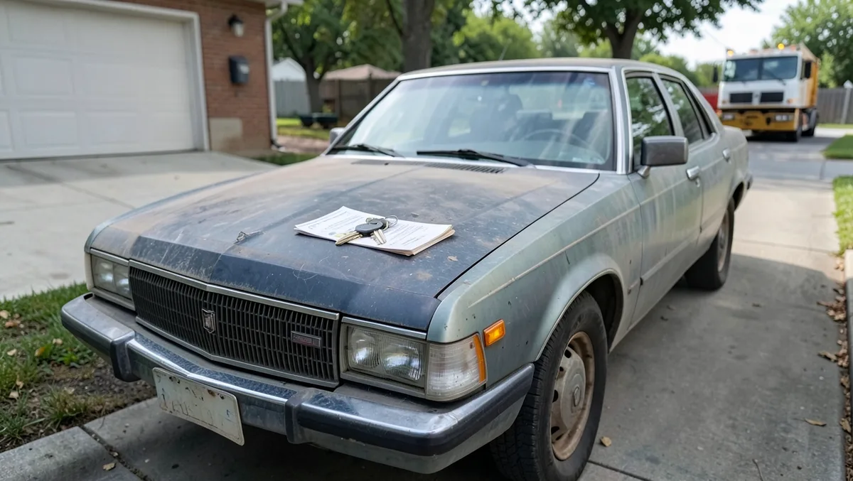 Older sedan parked in a driveway with a car title and keys on the hood, ready for charity pickup