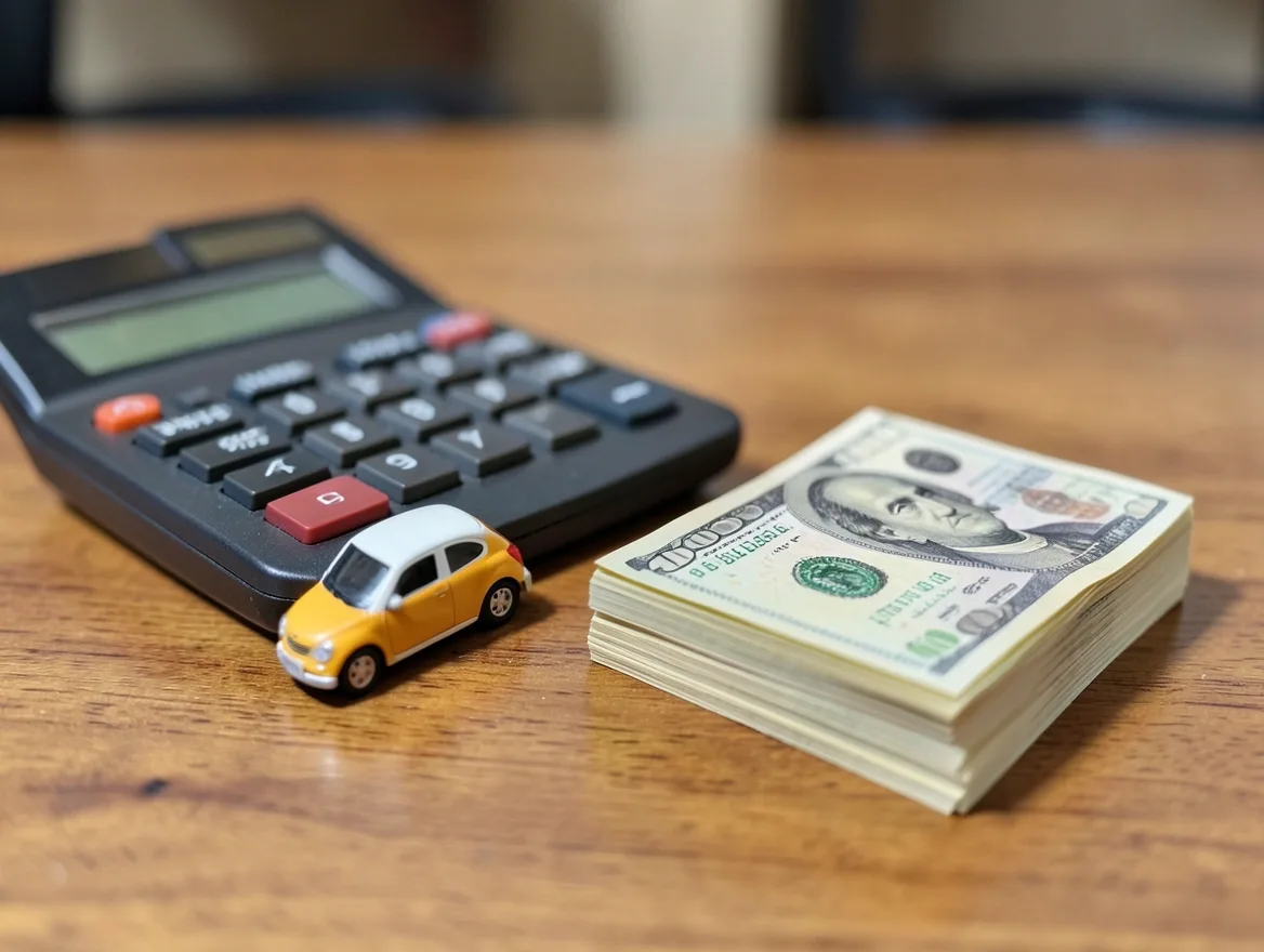 A calculator and stack of cash next to a small toy car, representing a car donation tax deduction