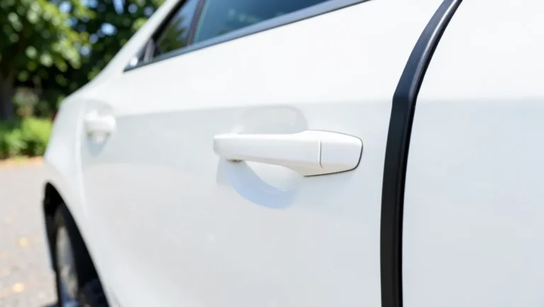Close-up of a white car door with the door handle and a black rubber edge guard trim along the door edge
