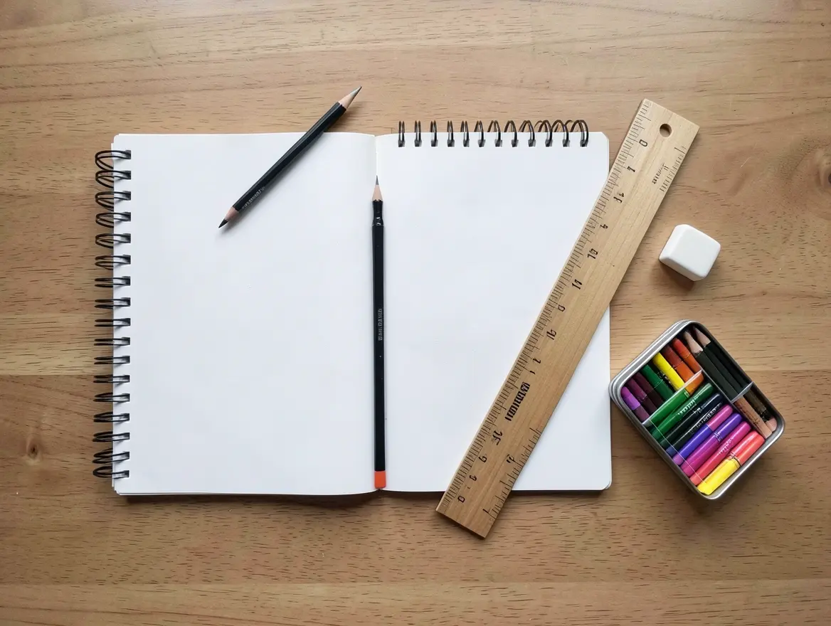 Pencil, eraser, ruler, sketchbook, and colored pencils laid out on a desk for drawing a racing car