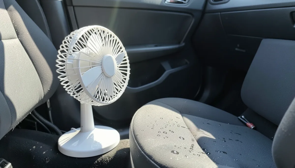 Small fan drying a damp fabric car seat after shampooing to prevent mold