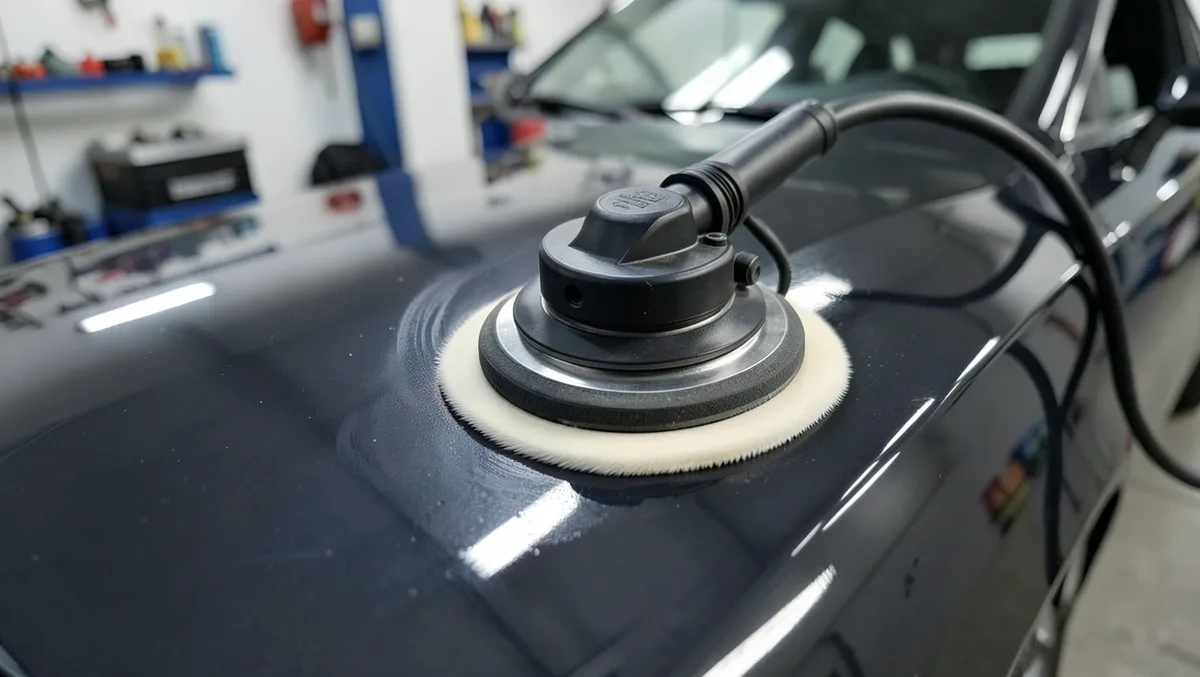 Dual action polisher buffing a car's clear coat to remove etched water spots
