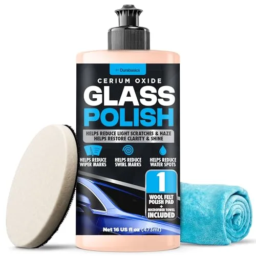 Durabasics Cerium Oxide Glass Polish kit with felt buffing pad and microfiber towel