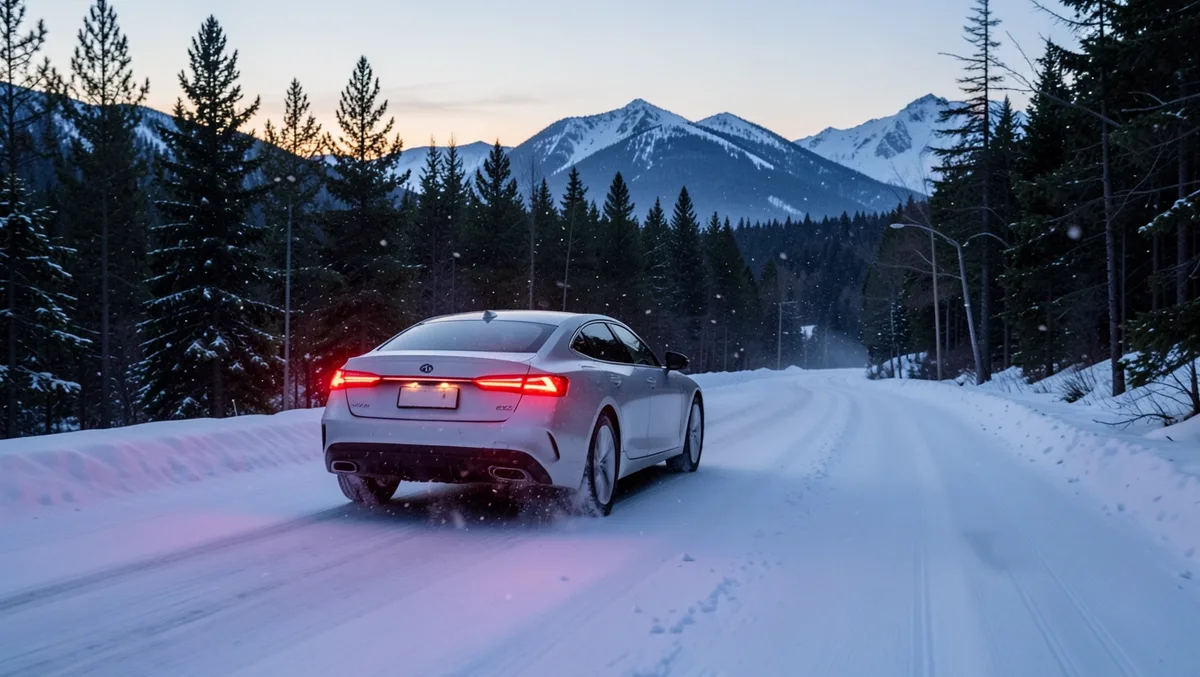 Electric car driving away on a snow-covered road at dusk with glowing tail lights