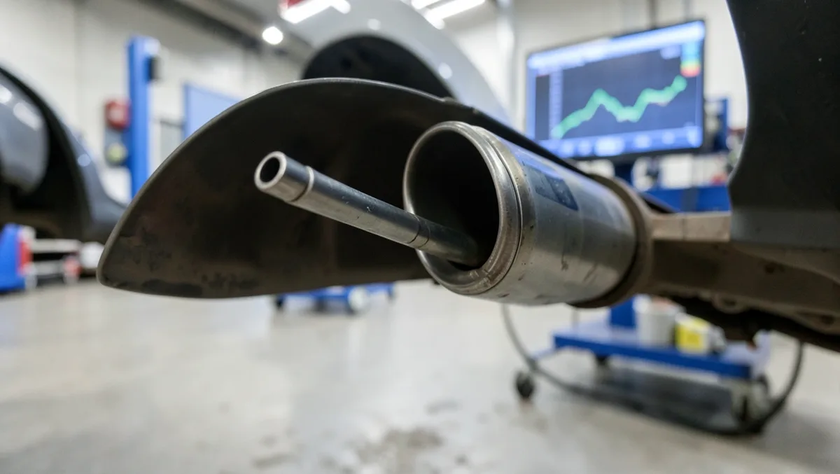 Metal exhaust gas analyzer probe inserted into a car tailpipe during an emissions test