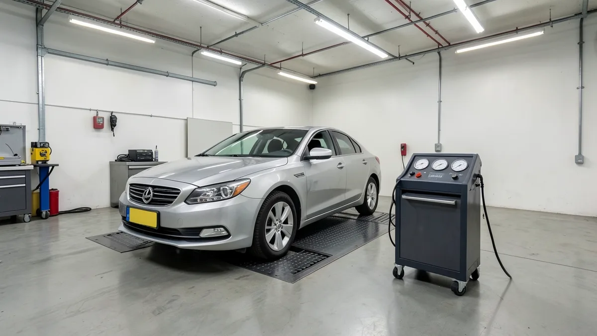 Empty vehicle emissions testing bay with a car parked over a diagnostic pit and an exhaust gas analyzer cart