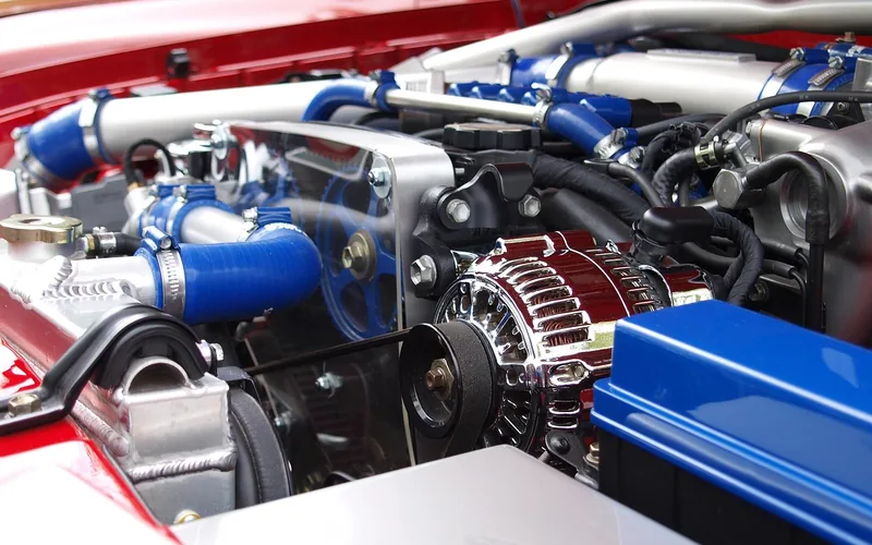 Engine bay with a belt-driven alternator, blue hoses and a blue battery